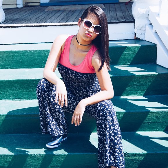 STRAPLESS NAVY & WHITE FLORAL JUMPSUIT - Picture 2 of 4